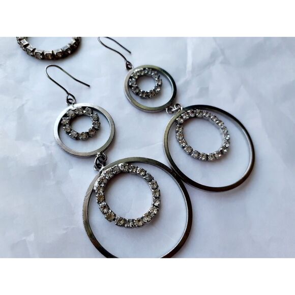Silver Tone Double Hoop 3" Dangling Earrings & Ring Set with Rhinestone - Picture 5 of 7